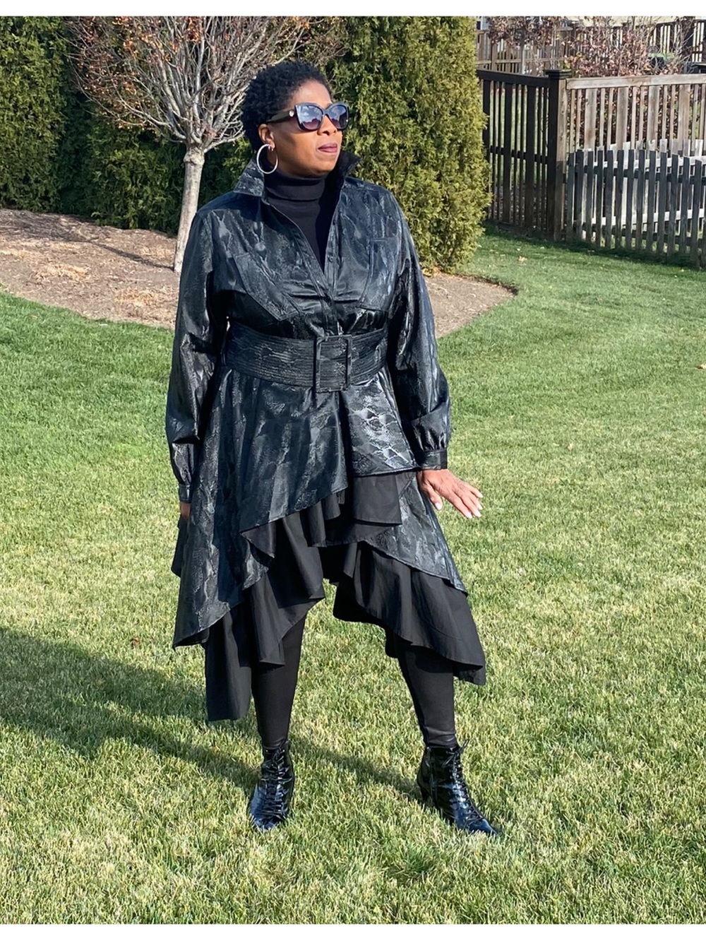 Tov Black Textured Wrap Coat Dress with Sculpted Belt